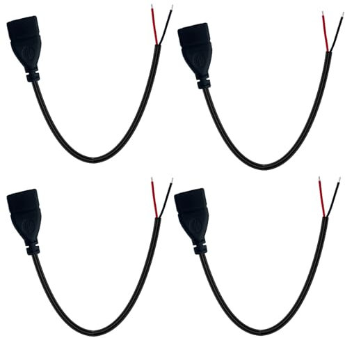 1FT 20AWG USB Female Power Cable to Bare Cable 3A High Current 5V DC Charging Cable for Security Camera, LED Strip Light, Arduino DIY Electronics 4PCS