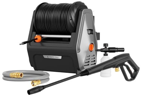 Giraffe Tools Wandmontierter Hochdruckreiniger, 1800 Watt, Max 2400 PSI, 2.0 GPM Elektrischer Wasserdruckreiniger, mit 30M Einziehbarem Schlauch, für Autos/Zäune/Garten, Schwarzer Harter Schlauch
