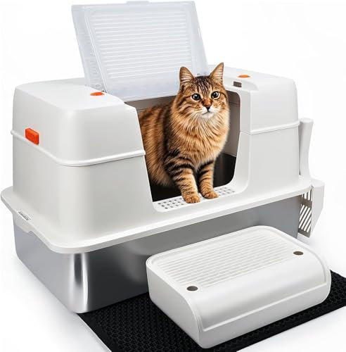 SZEETECH Edelstahl Katzenklo XL, Katzentoilette mit Deckel Groß, Katzenklo mit hohem Rand, Leicht zu Reinigen, Halb/Voll-Geschlossene Edelstahl Katzenklo mit Deckel, 60x40x39,5cm, Weiß