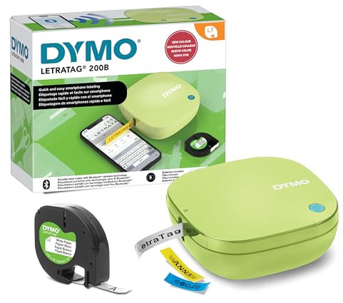 DYMO LetraTag 200B-Beschriftungsgerät mit Bluetooth | kompakter Etikettendrucker | verbindet Sich über Wireless Bluetooth-Technologie | inklusive 1 x Papierschriftband in Weiß | Pistaziengelb