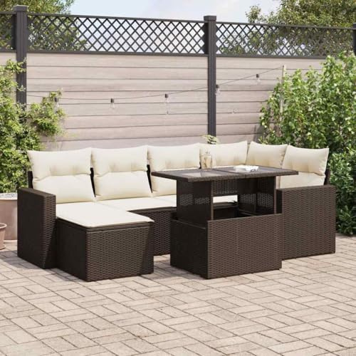 IKAYAA Rattan Gartenmöbel Set mit stauraum Gartenlounge Outdoor mit Verstellbare Tischplatte Polyrattan Lounge Terrassenmöbel für Garten Terrasse Balkon-Braun und Creme-7-tlg