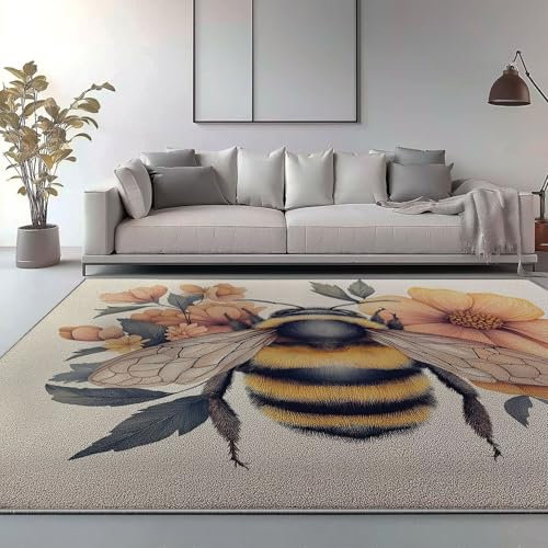 Teppich Biene, Blumen Teppich Wohnzimmer Waschbarer, Moderner Kurzflor Schlafzimmer Waschbar rutschfest Design 90 x 150 cm für Esszimmer Büro Bereich Dekor Orange Farbe