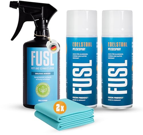 FUSL Edelstahlreiniger Set Pflege x2 + Reinigung + Reinigungstuch | Effektiv gegen Fett & Schmutz | Streifenfreier Glanz | Für Edelstahl, Aluminium, Chrom in Haushalt, Küche, Handwerk & Gastro