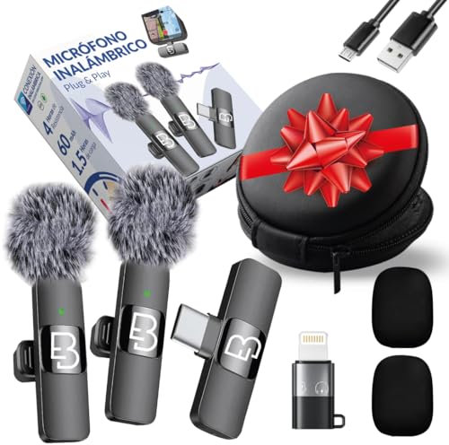 EMIR BEY® Micrófono Inalámbrico Solapa 2 Pack | 20m Largo Alcance | Plug&Play para iPhone, Android, iPad, PC | Sonido Profesional, Antiviento, Ideal Youtube, TikTok, Podcast, Streaming