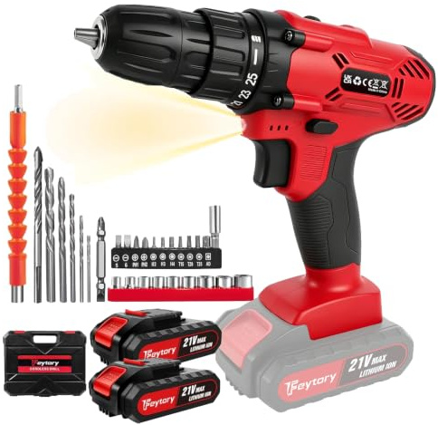 3 in 1 Cordless Drill, 21V Power Drill Set 3/8” Keyless Chuck Electric Drills with 25+1 Torque Rating, 45NM, 2 Variable Speeds Electric Driver 29pcs Accessories for Home and DIY (2x2000mAh, Red)