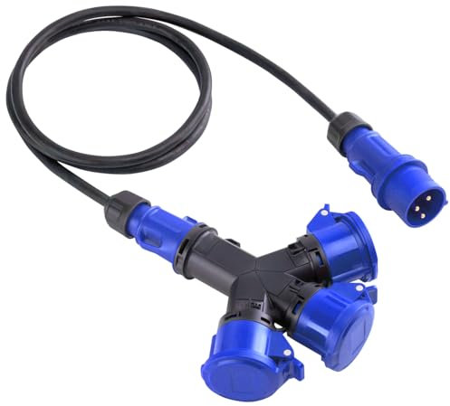 Multiplicateur adaptateur avec câble de 2 mètres, prise industrielle CEE 220 V 230 V 3 pôles 2P+T à 3 prises industrielles 230 V 3 pôles 2P+T, 16 A, IP54, bleu