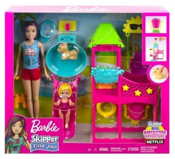 pour Barbie - Coffret Parc Aquatique avec Piscine et Toboggan - pour Skipper et Enfant - Set poupees metier Baby Sitter avec Une Carte