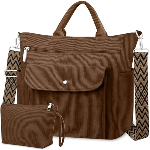 BTNEEU Cord Tasche Damen Shopper Tasche Groß Corduroy Tote Bag Strandtasche mit Reißverschluss Laptoptasche Uni Tasche Wickeltasche Handtasche Cord Umhängetasche Damen für Schule Arbeit Reise