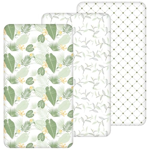 Yukkidds Spannbettlaken 70x140cm Baby 3er-Pack Bettlaken Für Babybett Atmungsaktiv Mikrofaser Elastizität Spannbettlaken Beistellbett Grüne Palme