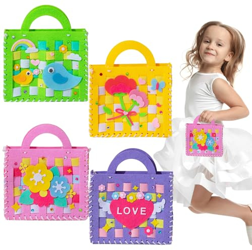 AffeGifts Filz Nähset Kinder, 4 Pack Nähen Sie Ihre Eigenen Taschen Set Kinder Handtasche Süße Filztasche für Anfänger Kinders Spaß DIY Bildungs Nähset Geschenke für Mädchen