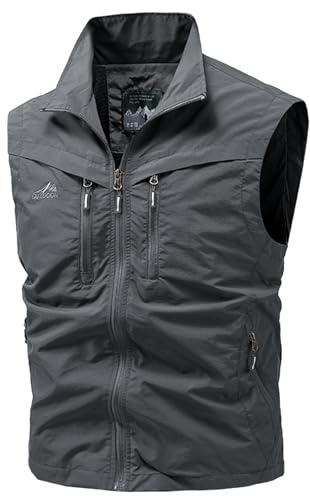 FEOYA Outdoor Weste Herren Anglerweste Leicht Schnelltrockenweste Ärmellos Weste mit Viele Taschen für Angeln Safari Jagd Fotografie Camping Multifunktionsweste Sommer Grau 3XL