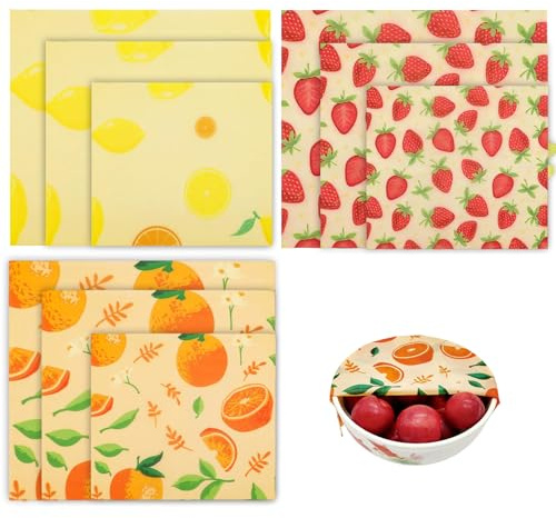 Rusokufo Bienenwachstücher Set 9 Stück (3L, 3M, 3S) Wiederverwendbar aus Bio Baumwolle – Nachhaltige Frischhaltefolie Alternative für Brot, Obst, Snacks – Frucht Design