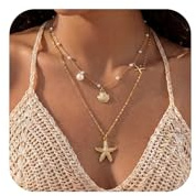 Giyehehi 2-teilige Halskette mit Muschel-Seestern-Anhänger für Damen, vergoldete Boho-Halskette mit Perlen-Muschel-Anhänger, zartes Schmuckstück für den Sommerurlaub am Meer