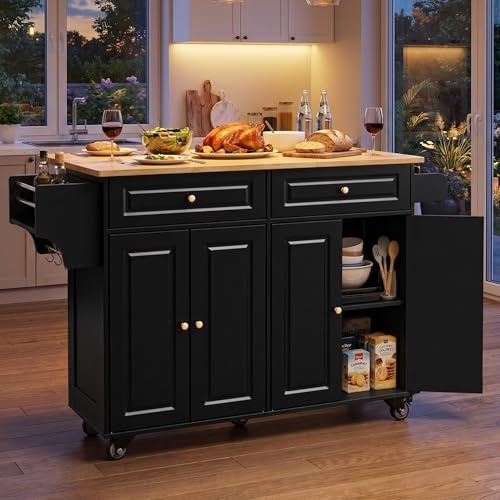 Xbro Carrello da Cucina Mobile con Ruote, Piano Pieghevole, Credenza 2 Cassetti 4 Ante, Salvaspazio con Portaspezie Portaasciugamani, 145x75x90 cm