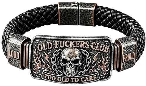 Generisch „Old Fuckers Club“ Herren-Bikerarmband im Vintage-Stil (geflochten, mit Totenkopf & Flammen) – „Too Old To Care“-Armband für Motorradfahrer – Humorvolles Geschenk für Männer, Familie und