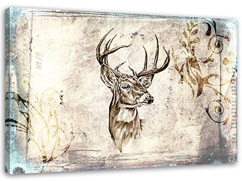 Feeby, Leinwandbild, Bilder, Wand Bild, Wandbilder, Kunstdruck 30x40cm, Hirsch, Muster, Sepia, SKANDINAWISCHER Stil, Vintage