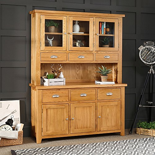 Cheshire Oak Large Glazed Dresser Sideboard - Premium Quality Storage Solution - Elegant and Durable Design - Ideal for Kitchens and Dining Rooms - H 2000 x W 1455 x D 430mm