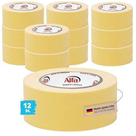Alfa 12x Feinkrepp EASY 50 mm x 50 m – Malerband zum Streichen (600 m) | Profi-Qualität - Nässeresistentes Abklebeband für scharfe Kanten, hitzebeständig bis 80 Grad, reißfestes Malerfeinkrepp