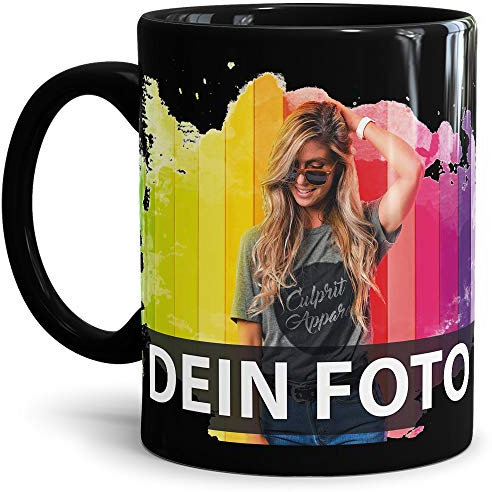 Tasse selbst individuell gestalten/Personalisierbar mit eigenem Foto Bedrucken/Fototasse/Motivtasse/Werbetasse/Firmentasse mit Logo/Außen & Innen Schwarz Glanz