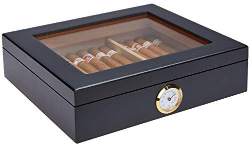 yuanbogg Zigarren Humidor, Hochwertiges Zedernholz, Klarsichtdeckel, Klavierlackierung, 25 Zigarren, Herrengeschenke@Schwarz