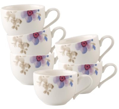 Villeroy & Boch Mariefleur Gris Basic Mokka-/Espressotassen 6er Set, 80 ml, Kleine Tassen mit Blumen-Dekor, Premium Porzellan, Weiß/Bunt