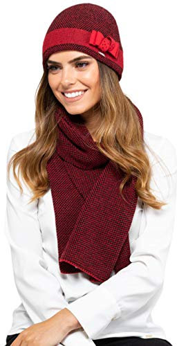 Kamea Damen Winterset Katalonia, 2 tlg, Mütze mit passendem Schal, Geschenk für Frauen, Winter Set:Rot