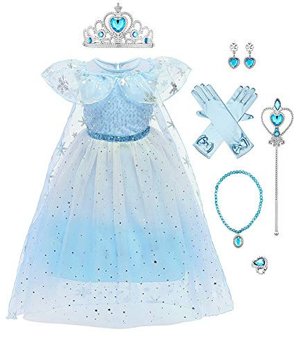 IWEMEK 7tlg Mädchen Eiskönigin Kostüm ELSA Kleid mit Umhang + Zubehör Schneekönigin Prinzessinkleid Weihnachten Halloween Karneval Fasching Verkleidung Partykleid Outfits Kinder Blau 01 Set 4-5 Jahre