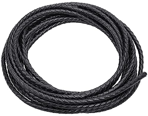Lystaii 5.5 Yards Genuine Bolo Leather Cord 4mm Round Braided for DIY | Braided Leather Cord Strip, 5m Long Antique Strap, 4mm Thick for Bracelet, Necklace, Beading Jewelry Making (Black)