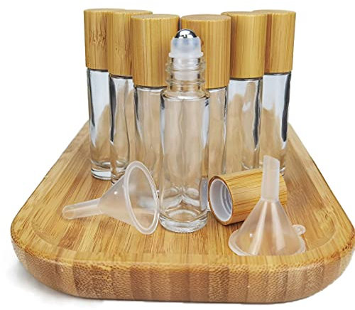COSIDEA 18 Stück 10 ml Bambus-Rollerflaschen mit Bambusverschluss für ätherische Öle, leere Glasrolle auf Parfümflasche (transparent)