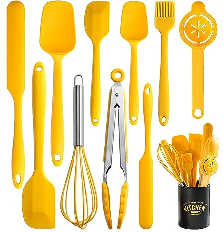 Silicone Spatula Set of 11 Kitchen Utensils with Iron Holder for Baking, Cooking, and Mixing,Cooking Spatulas Nonstick Cookware,Seamless and Flexible,Dishwasher Safe (Yellow)
