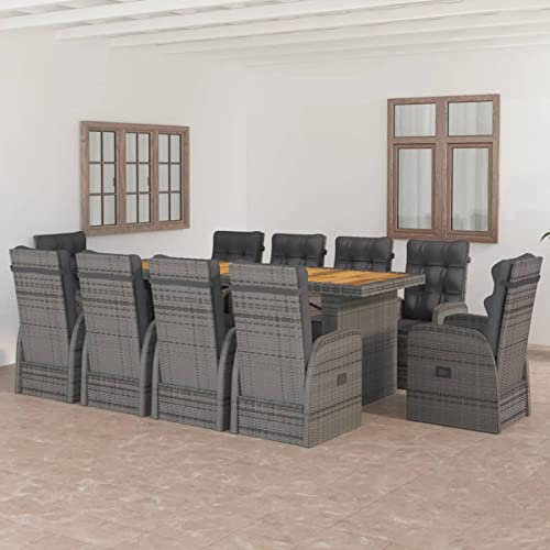 Gecheer 11-TLG. Garten Essgruppe mit Auflagen Sitzgruppe Gartenmöbel Set Polyrattan Balkonset Terrassenmöbel Sitzgarnitur Gartengarnitur Lounge-Set aus Esstisch und 10 Liegestuhl Grau