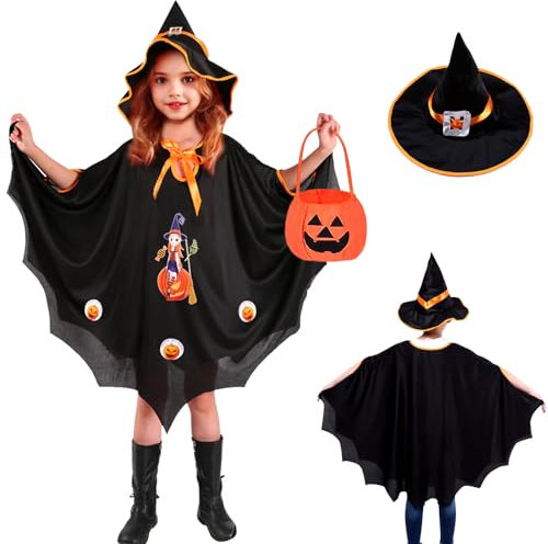 LIVESTN Cape de Sorcier Enfant, noir Citrouille Cape Halloween Deguisement, Cape Chauve-Souris avec Chapeau Enfant Cape de Citrouille Halloween pour Fille Garçon Fête d'Halloween Jeu de Rôle (noir)