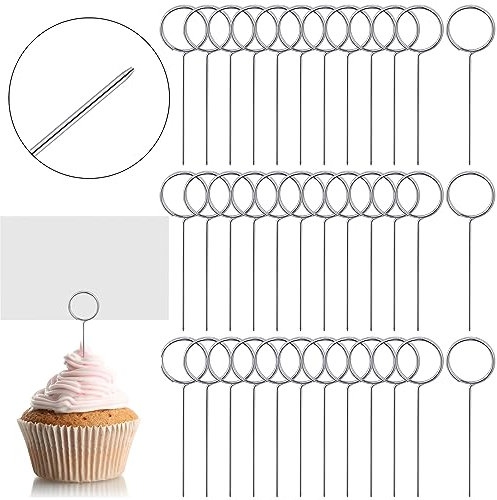 Seajan 100 Stück 5,7 cm Blumen-Kartenhalter Picks Edelstahl Pin Draht Kartenhalter Bilderhalter Tafelaufsätze Kuchen Foto Memo Notizzettel Halter für Fleisch Lebensmittel DIY Party Zubehör Dekoration