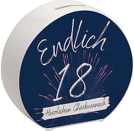 Endlich 18 Spardose mit Spruch Herzlichen Glückwunsch EIN buntes Sparschwein zum achtzehnten Geburtstag Endlich 18 Sparbüchse Geld dekorativ Volljährig