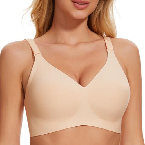 Nahtloser Minimizer BH Damen Ohne Bügel V-Ausschnitt Bralette Damen BHS Atmungsaktiver Und Ultrakomfortabler T Shirt Schlaf BH Mit ZusäTzlicher BH-VerläNgerung(Beige,XXL)