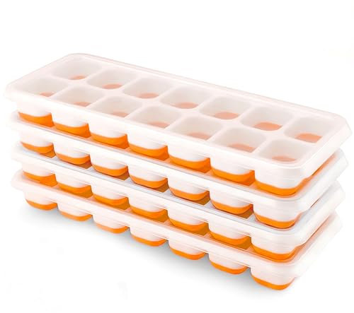 Airabc Lot de 4 bacs à glaçons en silicone avec couvercle, peu encombrant et empilable, certifié LFGB et sans BPA, bacs à glaçons carrés faciles à retirer