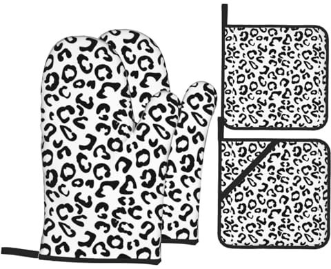 Black Leopard Print Heat-Resistant Insulated Oven Mitt And Pan Lid Mat Set Of 4 For Baking Cooking Grilling