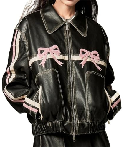 ORANDESIGNE Veste de Motard Surdimensionnée en Similicuir pour Femme Leather Blazer Manteau Fermeture éclair Oversize Jacket Veste Bomber en Cuir G Rose M