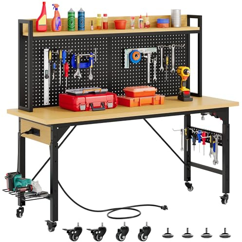 DWVO - 60 Inch Adjustable Workbench with Board, Heavy Duty Wood Workbench with Wheels, 1600 lbs Load Capacity, Rolling Work Table with AC/USB Output, Hooks,