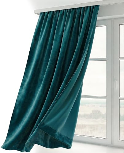 BEAUTEX Samt Vorhang Kräuselband U-Band Gardine Velvet abdunkelnd und Blickdicht, 140x175 cm (Breite 140 cm, Höhe 175 cm, Petrol)