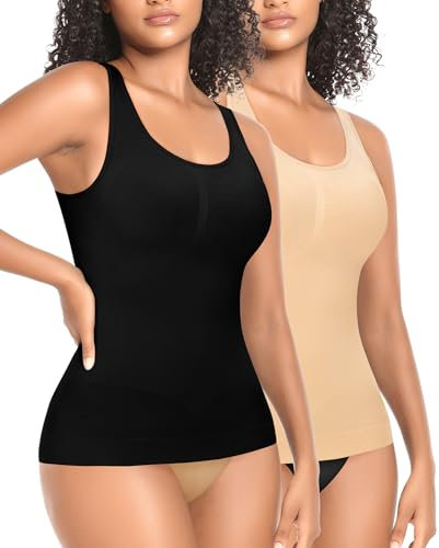 YARRCO Damen Shape Unterhemd Formende Tops Nahtlos Hemdchen (Schwarz+Beige-Weite Träger,XL)