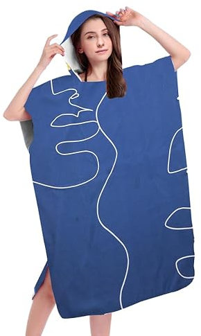 FEBE Badeponcho Bademantel Linien Damen Herren 145x80 cm Badetuch mit Kapuze Surf Poncho Mikrofaser Kuschelig Schnelltrocken