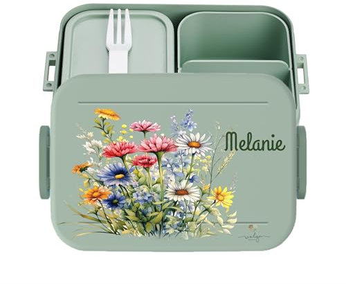 wolga-kreativ personalisierte auslaufsicherer Lunchbox Erwachsene Frau Brotdose Mepal mit Wiesenblumen Motiv Brotzeitbox Vesperdose mit Namen 2 Unterteilung Fächer bedruckt