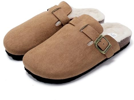JOMIX Zapatillas Casa Mujer Invierno con Peluche, Zuecos Ante con Hebilla, Pantuflas Cerradas con Plantilla Ortopédica, MD2439, Caqui, 39 EU