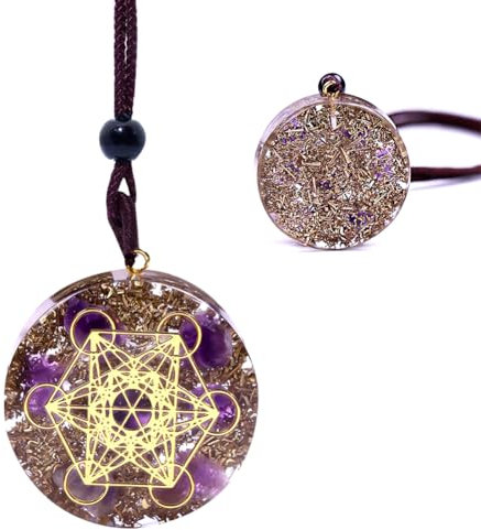 Orgonit Anhänger Halskette, Heilige Geometrie Energie Halskette, Hochfrequenz Stein Anhänger, Kosmische Chakra Heilsgeschenk für Frauen und Männer (Kette Verstellbar, Lila)