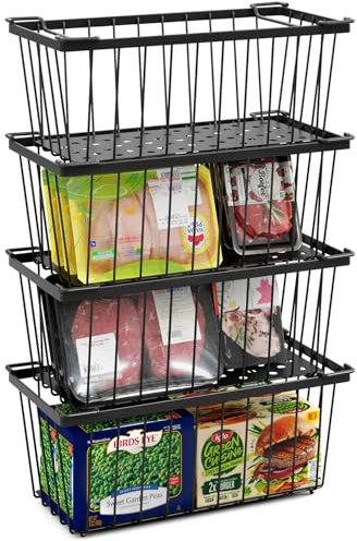 Tafura Gefrierschrank-Organizer-Behälter (35,6 cm L x 17,8 cm B x 15,4 cm H) – 4 Stück, stapelbare Gefrierkörbe, sortieren Sie gefrorenes Fleisch und Lebensmittel – Tiefkühlschrank-Organizer mit