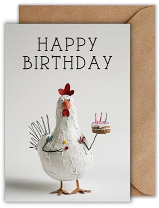 WBdesignz Geburtstag Karte mit Umschlag - Geburtstagskarte “Happy Birthday” Huhn mit Torte Knete Ton Wire-Art Glückwunschkarte Geschenkkarte zum Geburtstag für Bastler Heimwerker Künstler (DIN A6)