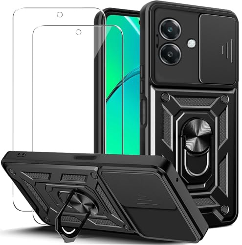 KUSINHOKA Cover per Oppo A40/Oppo A40M con 2 Pezzi Pellicola Vetro Temperato, [Protezione Fotocamera Slide] Anti-Graffio Custodia con Staffa, Case in Silicone e PC Protettiva Cover, Nero