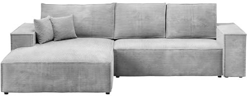 BROMARKT | Sofa mit Schlaffunktion | Schlafsofa Pablo | Ecksofa L-Form Sofa | Modern Design Couch | Kordstoff | Freistehend | mit Bettzeugbehälter | 294x185x85cm | Hellgrau | Links