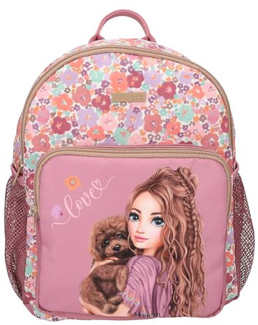 Depesche 13058 TOPModel Floral - Rucksack in dunklem Pink, mit Model Motiv und Blumen Muster, Tasche mit verstellbaren Trägern